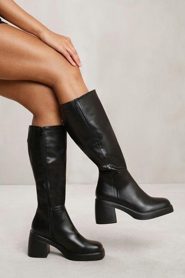 Where's That From Maddie Below Knee Boot With Chunky Heel in Black Faux Leather