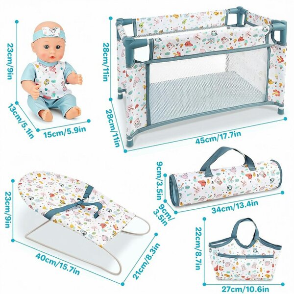 deAO 4-in-1 Baby Doll Nursery Playset with 12" Doll, Crib, Rocker & Accessories (Ages 3+)