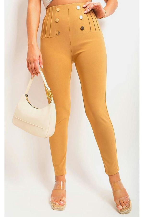 Jemma High Waisted Button Front Detail Trouser - Stone