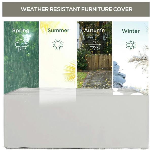 Grey rectangular patio furniture cover on outdoor deck with weather-resistant design