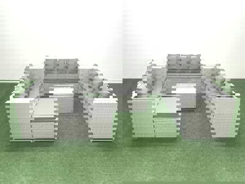Fimous Rattan Garden Outdoor Furniture Set 10 Seater Garden Sofa Coffee Table Set with Big Footstool Light Grey Mixed
