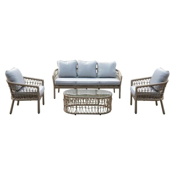 Shatchi Capri 5-Seater Natural Woven Rattan Garden Furniture Sofa Set with Open Weave Design & Coffee Table