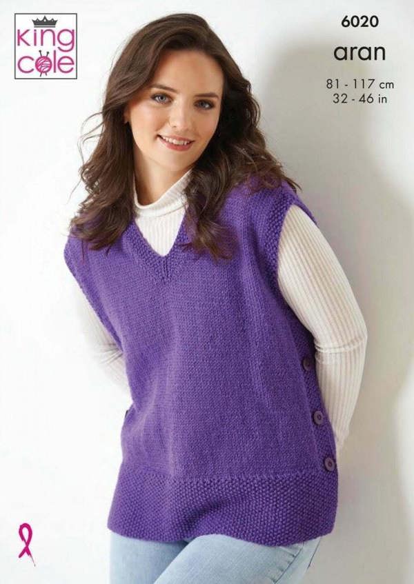 King Cole Wool Aran Knitting Pattern 6020, Tops, Slipovers for Women, 32 - 46 Inches