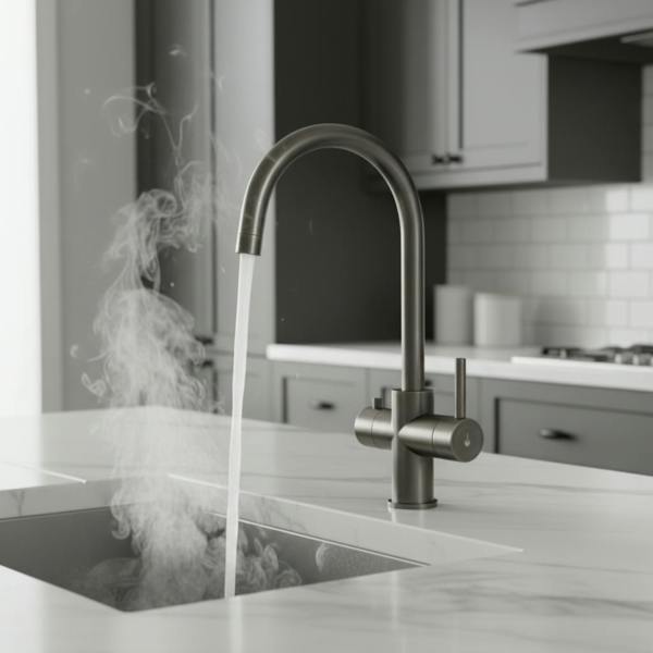Gun metal grey boiling water tap in a modern kitchen 