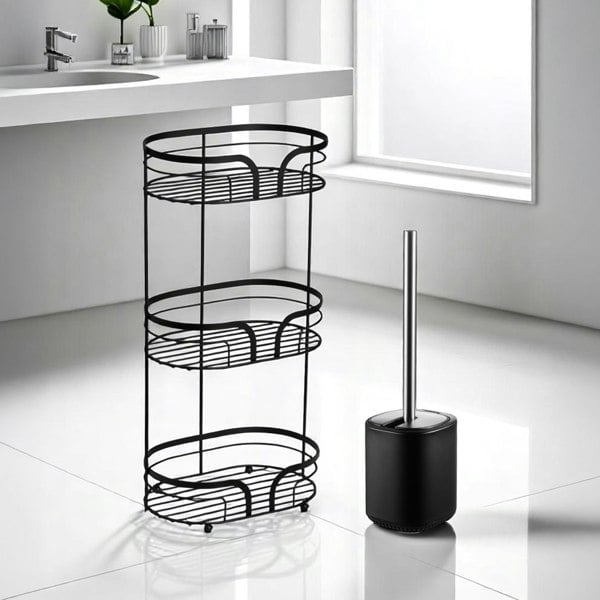 Showerdrape Black Bathroom Accessory Set Floor Caddy with Toilet Brush and Holder