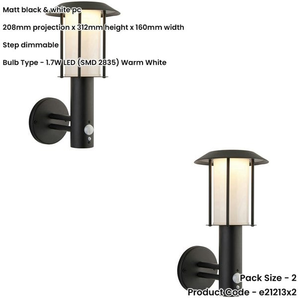 2 PACK Outdoor Matt Black Wall Light - White Pc Shade - Solar Powered Lamp - Step Dimmable 1.7W LED (Smd 2835) Warm White