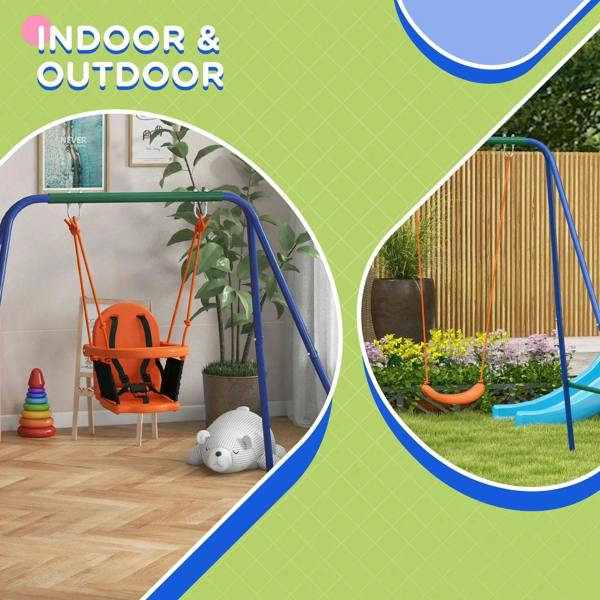 Blue A-frame swing set with orange toddler seat, shown for indoor or outdoor use