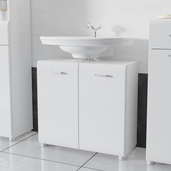 Furniture To Go Ice Cave Under Sink Bathroom Cabinet with 2 Doors & Silver Handles in White with White High Gloss Doors
