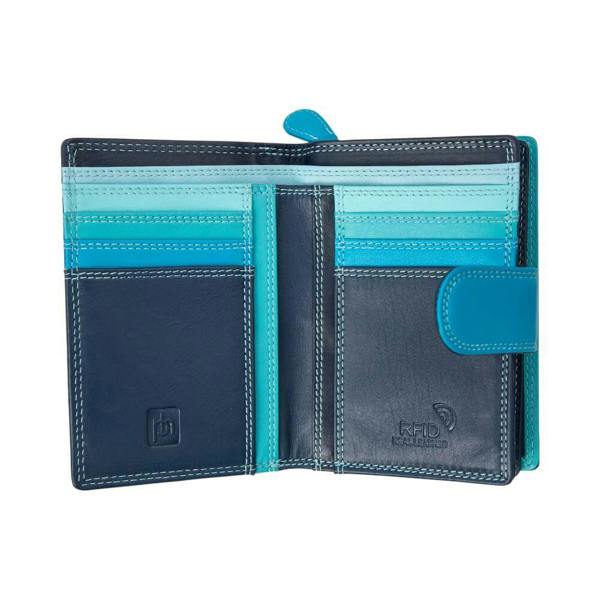 Blue leather wallet with visible brand logo on a white background