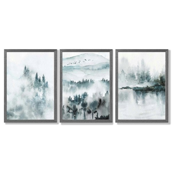 Artze Wall Art Teal Blue Abstract Forest Lake Set of 3 Framed Wall Art
