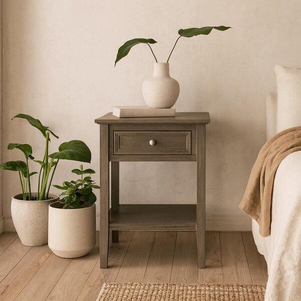 Wyld Haus Laurelbrook 1 Drawer Grey Wood Side Table Bottom Shelf