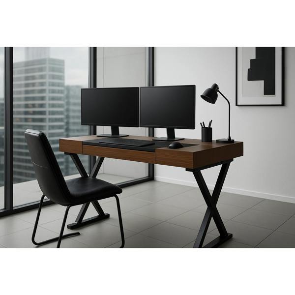 Homeology ADONIS Walnut with Matte Black Legs Ergonomic Home Office Luxury Desk