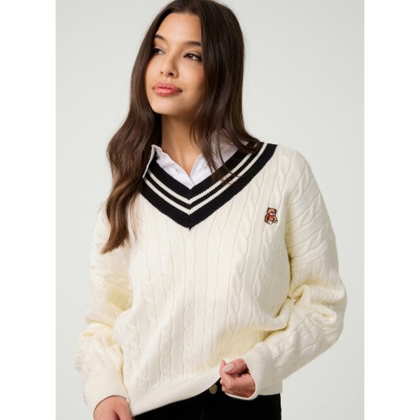 Pink Vanilla V Neck Cable Knit Teddy Jumper