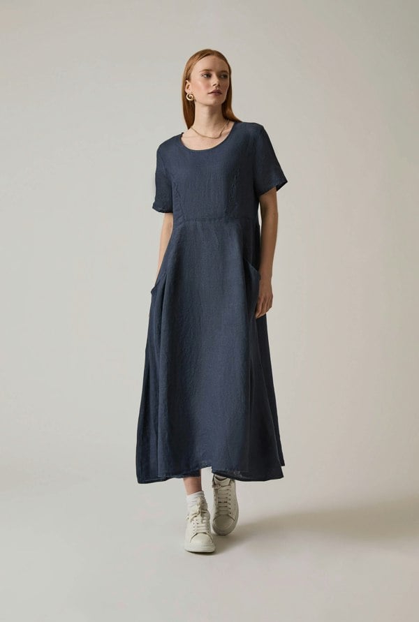 Navy linen midi dress with side pockets