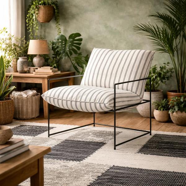 Wyld Haus Drogheda Stripe White Accent Chair Metal Frame