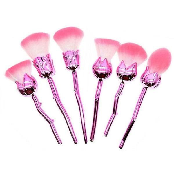 Aquarius 6pcs Rose Makeup Brush Set Pink Flower Sculpted Handle Cosmetic Tool Kit