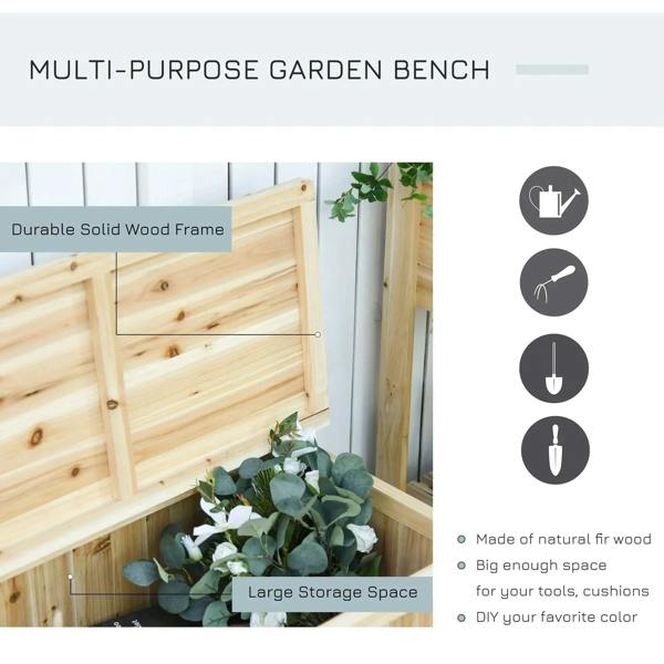 Natural wood storage bench corner detail with open lid and deep storage space