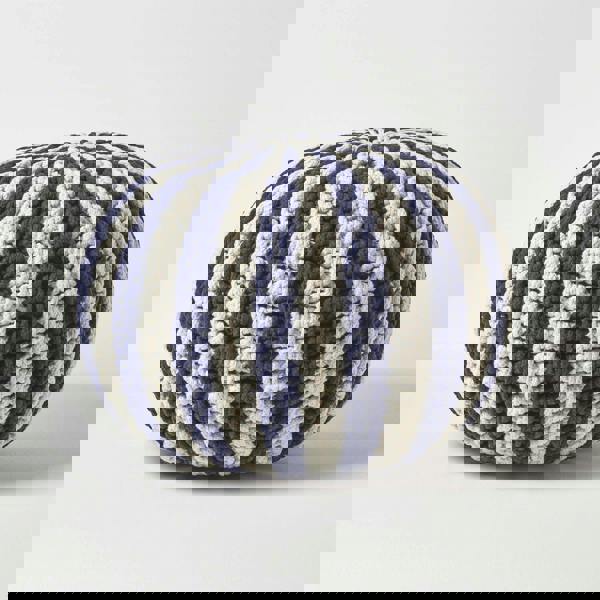 HOMESCAPES Navy and White Knitted Pouffe Striped Footstool