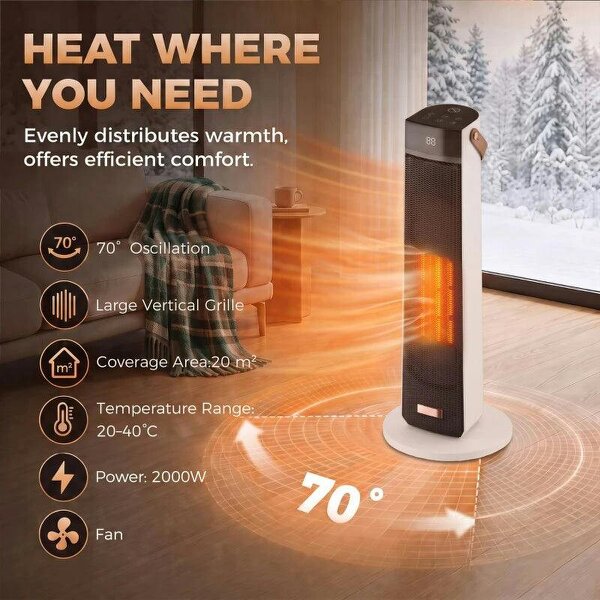 Portable Space Heater with Realistic Flame Effect, 2000W Ceramic Heater with Eco Mode, Adjustable Thermostat, Remote