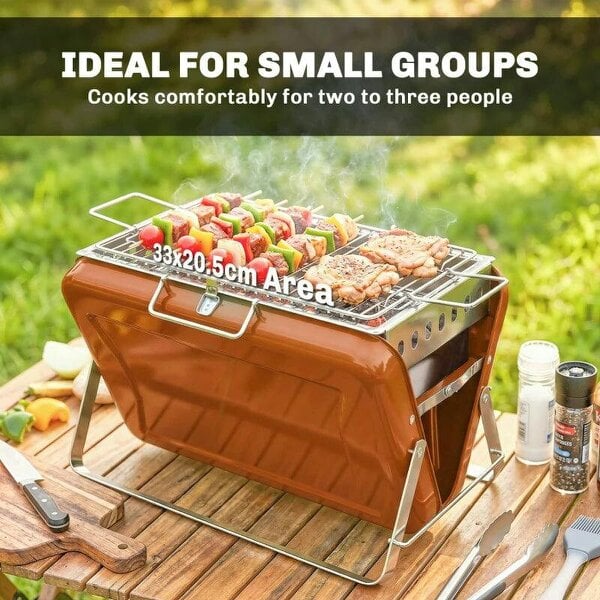 Bobobiy Charcoal BBQ Grill Portable Stainless Steel Barbecue with Tilting Grate for Camping Picnic Garden Orange