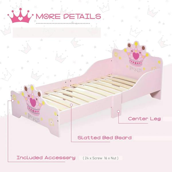 Pink toddler princess bed with crown headboard and safety side rails, slatted bed base