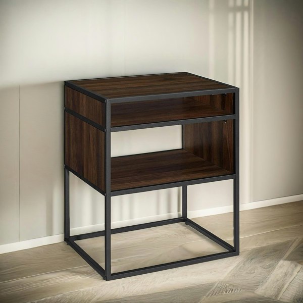 Rafaelo Mobilia Industrial Square Side Table With Open Storage Dark Walnut