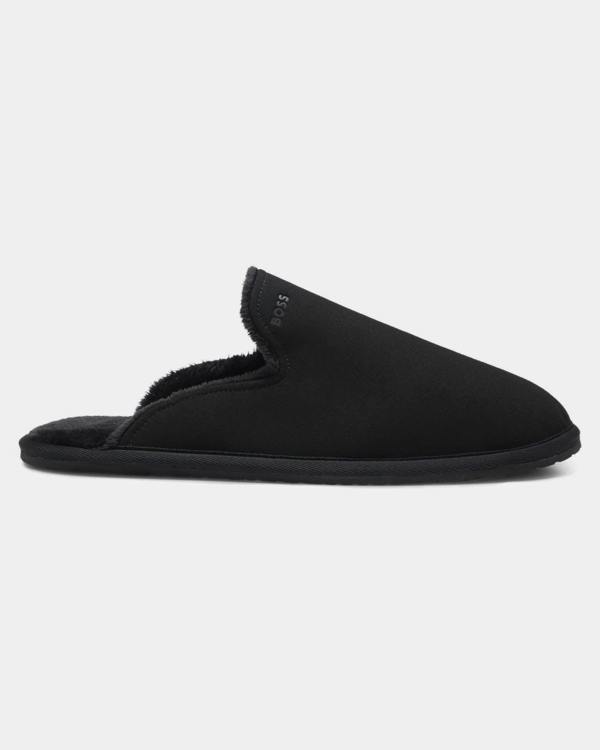 BOSS Orange Mens Shearling-lined slip-on slippers with logo detail - Black 001
