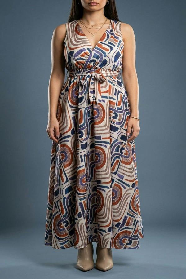 Nalani V Neck Sleeveless Maxi Dress With Tie Waist - Beige