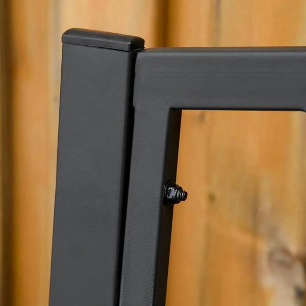 Black metal loveseat bench end cap with visible fastening screw