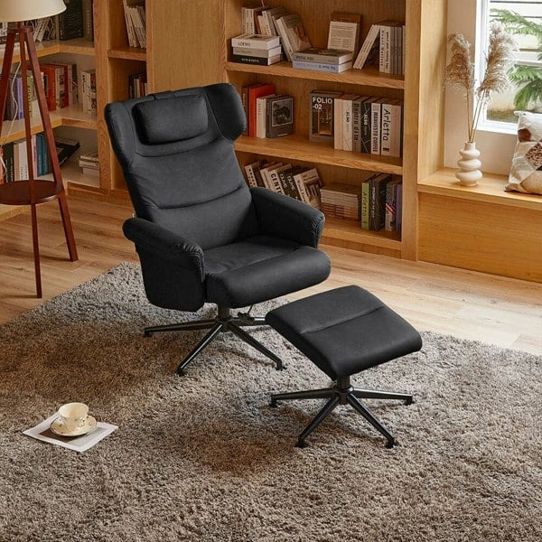 Black/Grey/Brown Faux Leather Swivel?Armchair with Footstool Living and Home Black