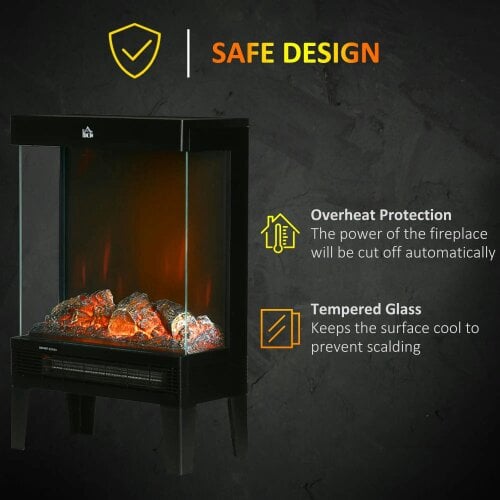 Bobobiy 180° Charming Electric Fireplace Heater, Quiet Freestanding Stove with LED Flame Effect, Level-less Temperature Control, 1000W/2000W, Black