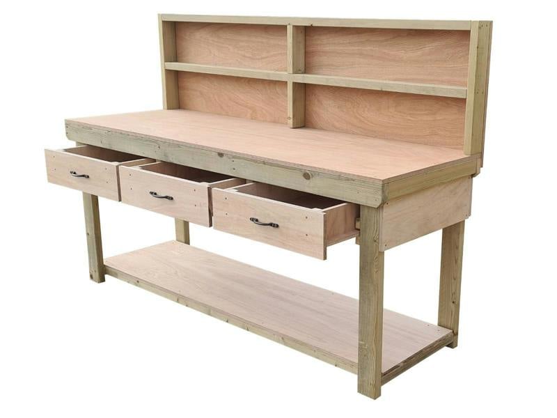 Wooden eucalyptus Top Workbench – Durable Tool Cabinet with Drawers and Back Panel, Ideal for Dry Indoor Spaces Such as Garages, Workshops, and Studios.