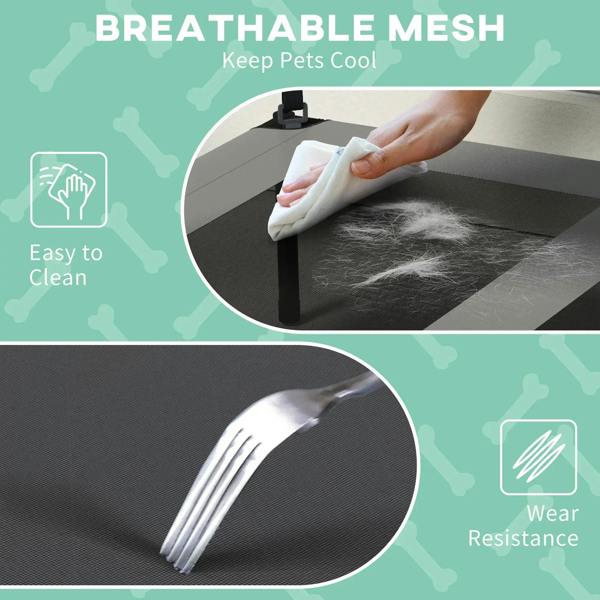 Light grey breathable mesh dog bed with removable canopy, cleanable platform surface close-up