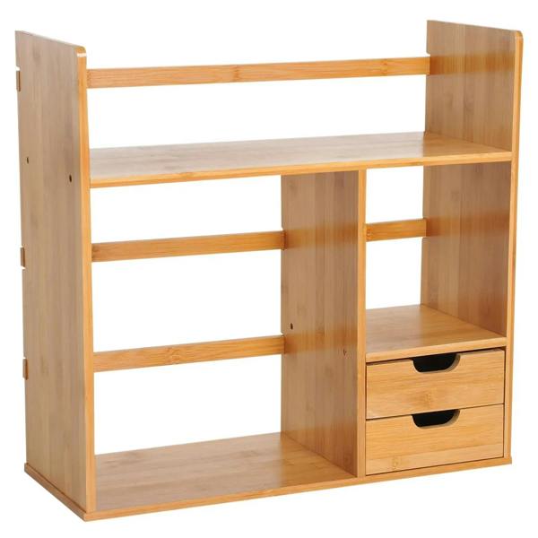 Natural bamboo desk organizer with open shelves and two drawer compartments