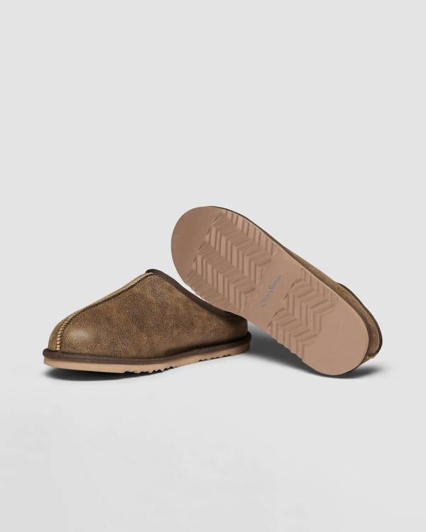 Oliver Sweeney Yaxley Mens Leather Shearling Mule Slippers - Olive Brown | CHO | Designer Mens Slippers