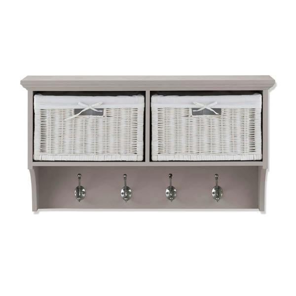 Statement Furniture Tetbury Hanging Shelf with 2 White Wicker Baskets. Wallmounted Coat Rack Assembled