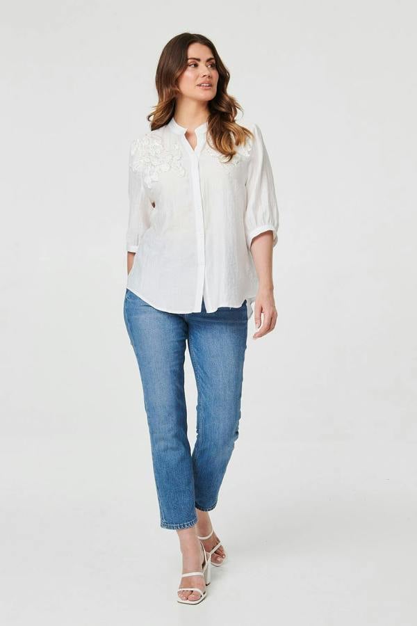 White | Embellished Floral 3/4 Sleeve Shirt