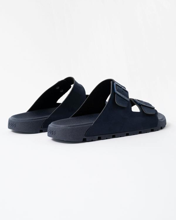 back of BOSS Orange Surfley Mens Twin-Strap Slides with Branded Buckles in Dark Blue 401