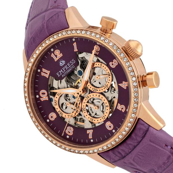 Empress Beatrice Automatic Skeleton Dial Leather-Band Watch w/Day/Date - Rose Gold/Purple - EMPEM2006