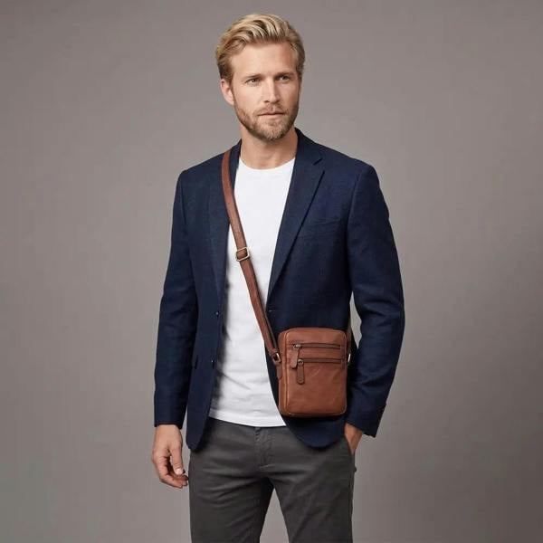 Man wearing a navy blazer with a brown leather bag on a gray background