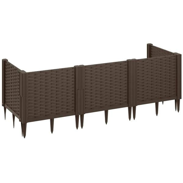 Brown plastic raised garden bed planter box with woven panels and ground stakes