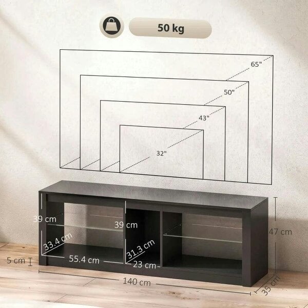 TV Stand Cabinet with LED Lights and Remote Control for TVs up to 65", Entertainment Centre with Storage Shelves, Black