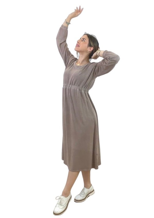 Frock Tales Rustic Midi Dress with Long Sleeves - Cool Mocha