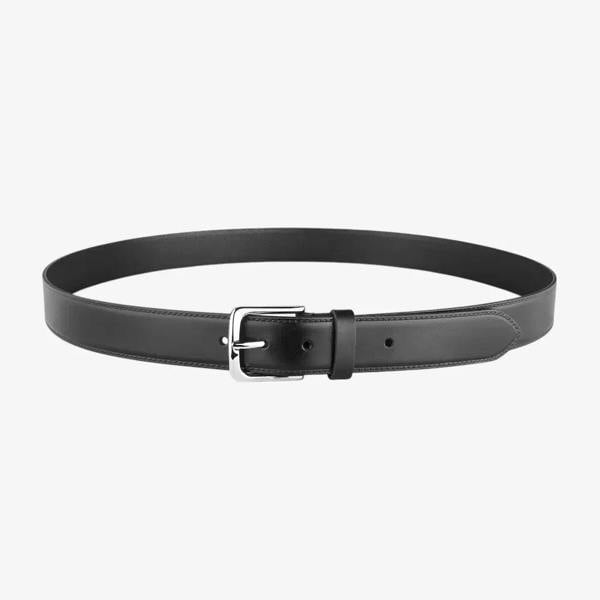 Full length view of Black belt with a silver buckle on a white background