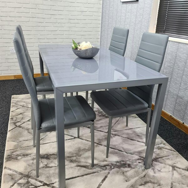 Kosy Koala Modern Rectangle Grey Glass Dining Table Set With 4 Grey Metal Chairs Dining Room Furniture