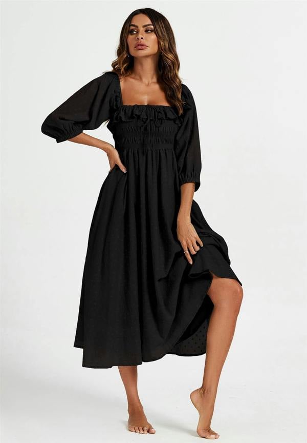 FS Collection Frill Detail Square Neckline Midi Dress In Black