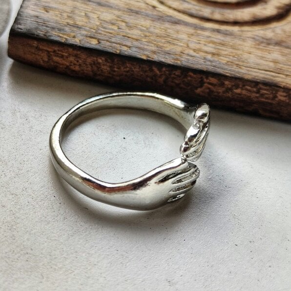 The Colourful Aura Silver Gold Hand Love Hugging Couple Adjustable Stackable Love Ring