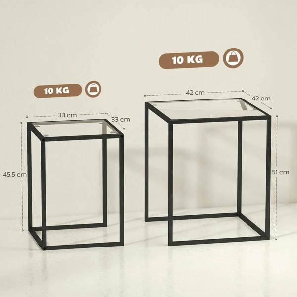 Two black nesting tables with square tempered glass tops and open steel frames