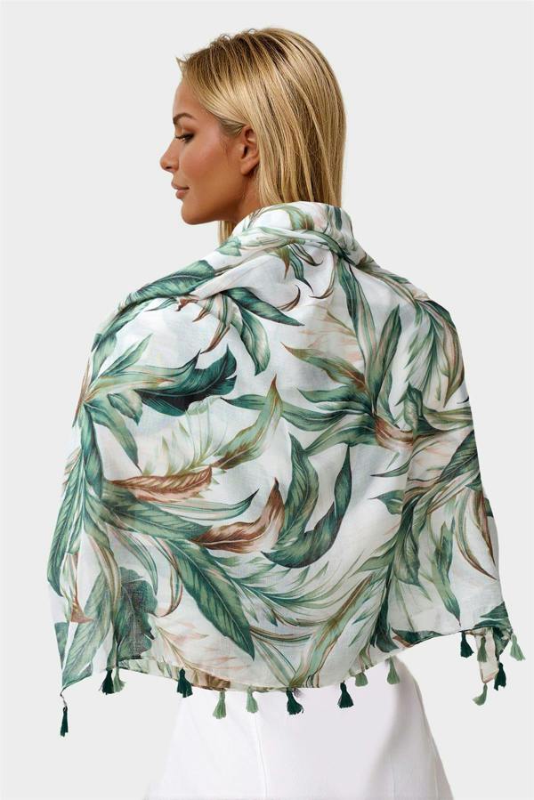 FS Collection Green Leaf Print Tassel Scarf In White