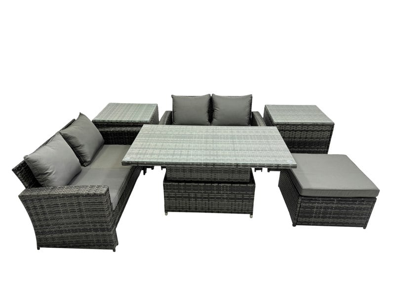 Fimous Outdoor Love Sofa Set 5 Seat Rattan Garden Furniture Set with Adjustable Lifting Dining or Coffee Table Dark Grey Mixed